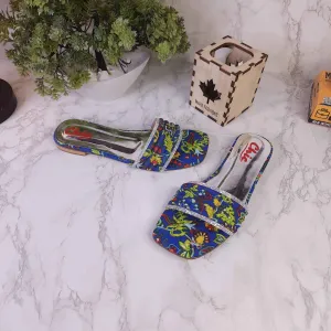 Blue Printed Studs Flat Slippers