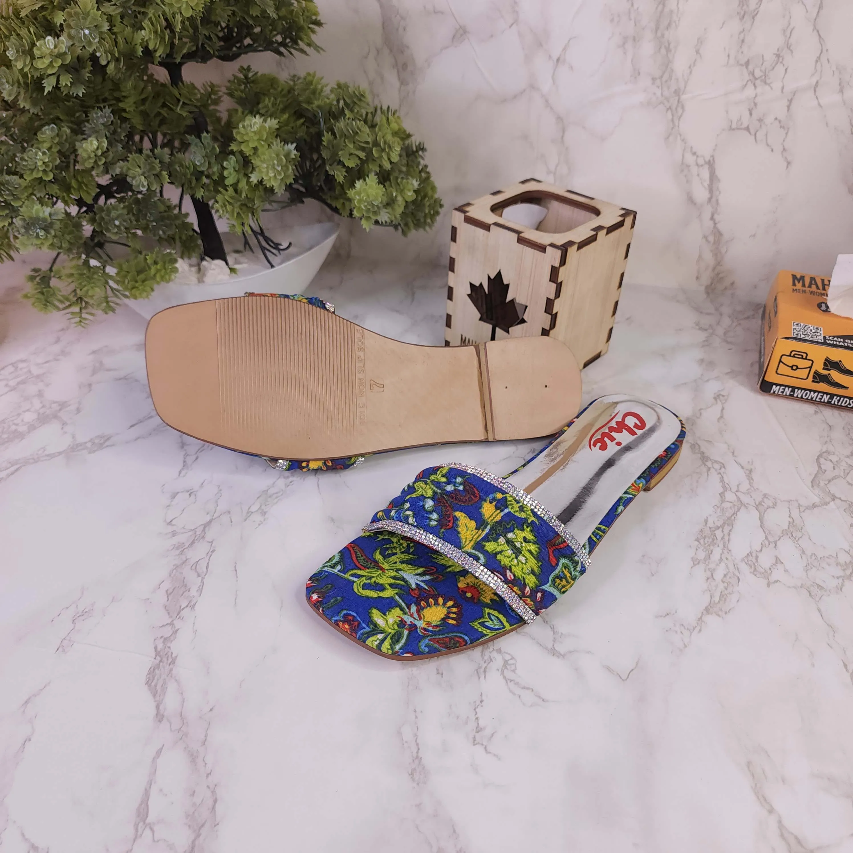 Blue Printed Studs Flat Slippers
