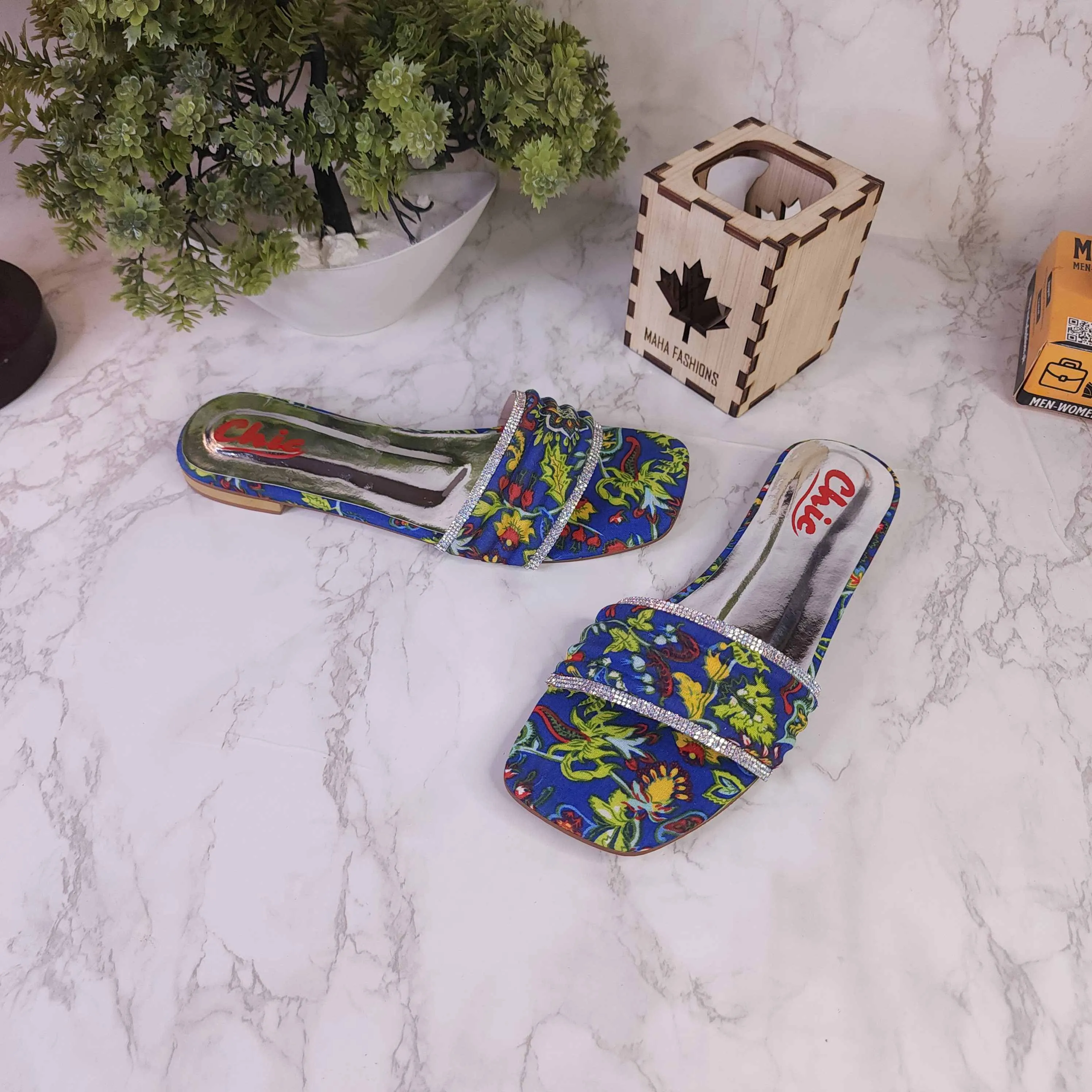 Blue Printed Studs Flat Slippers