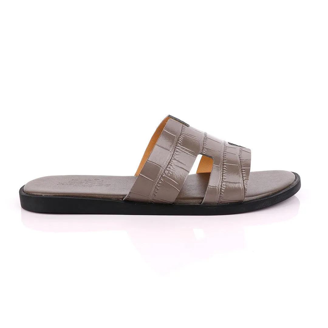Hermes Paris Ash Croc Patterned Leather Slippers.