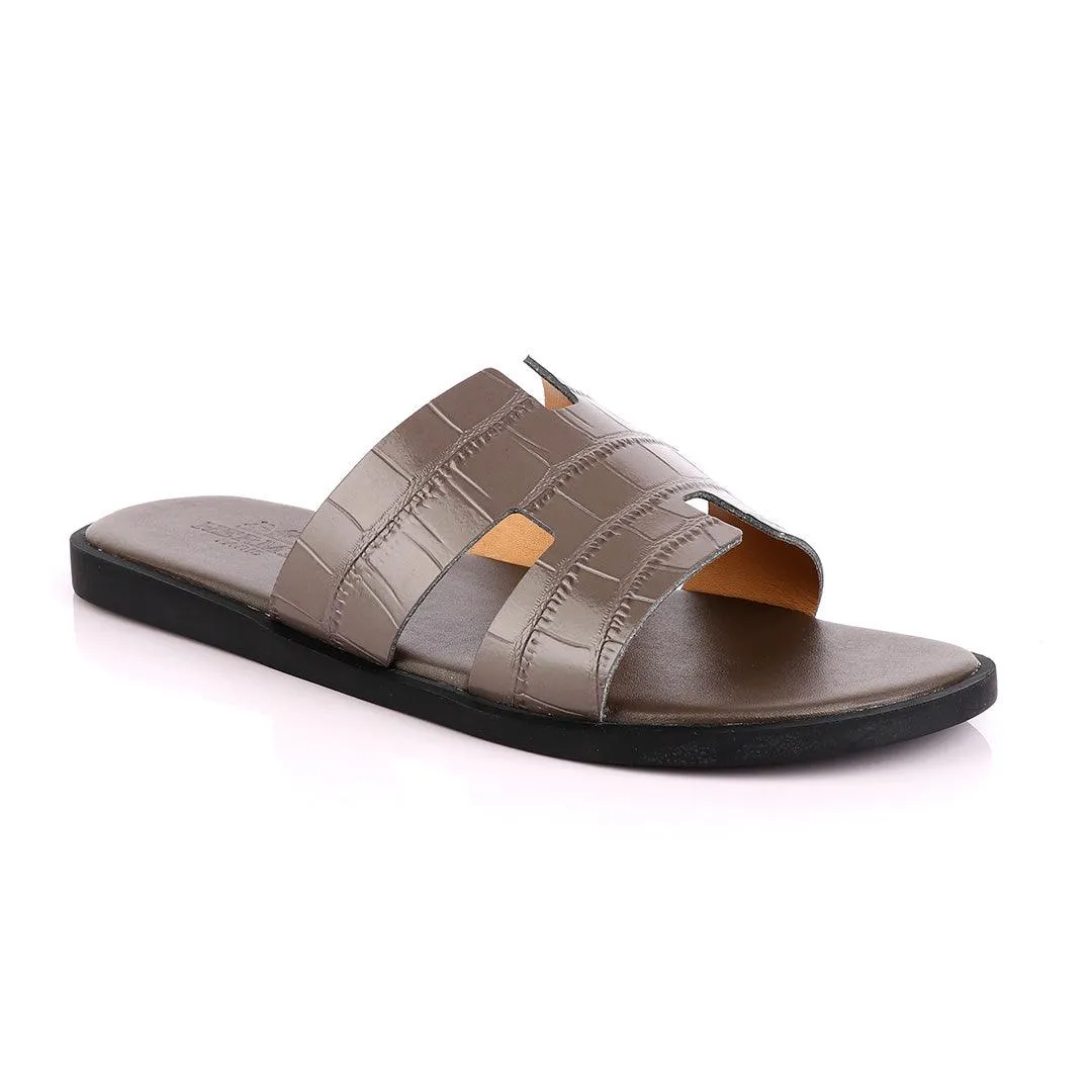 Hermes Paris Ash Croc Patterned Leather Slippers.