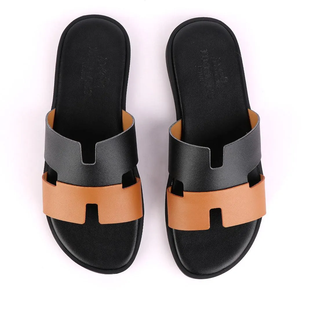 Hermes Paris Black and Brown Leather Slippers