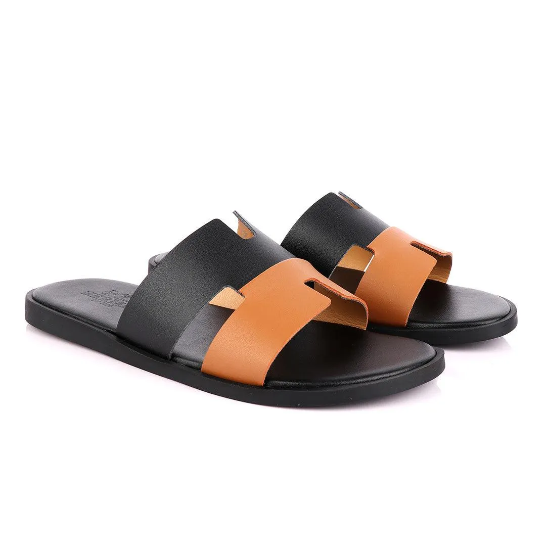Hermes Paris Black and Brown Leather Slippers
