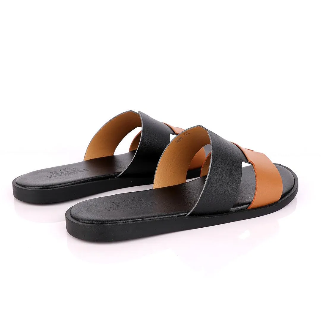 Hermes Paris Black and Brown Leather Slippers