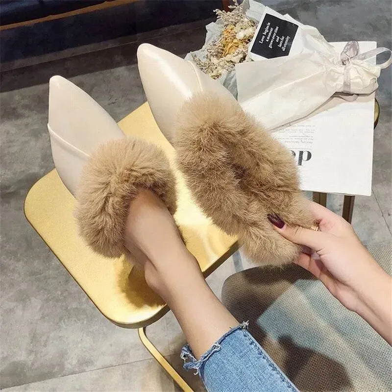 Pointy Toe Furry Mule Slippers for Women