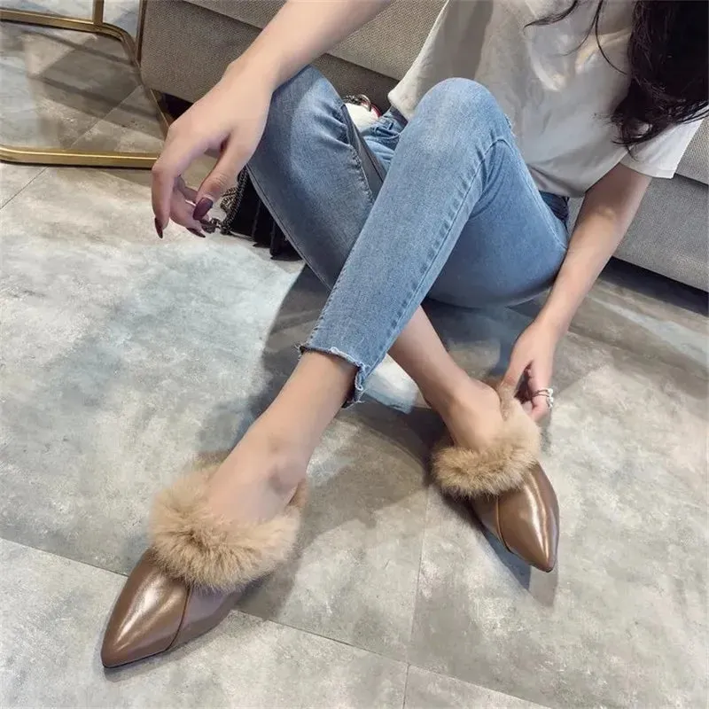 Pointy Toe Furry Mule Slippers for Women