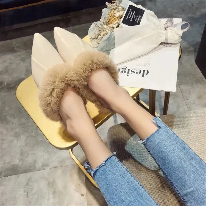 Pointy Toe Furry Mule Slippers for Women