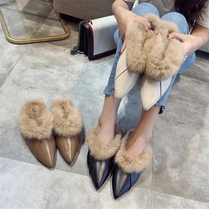 Pointy Toe Furry Mule Slippers for Women